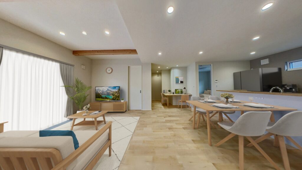 折り上げ天井と化粧梁を取り入れた平屋のLDK