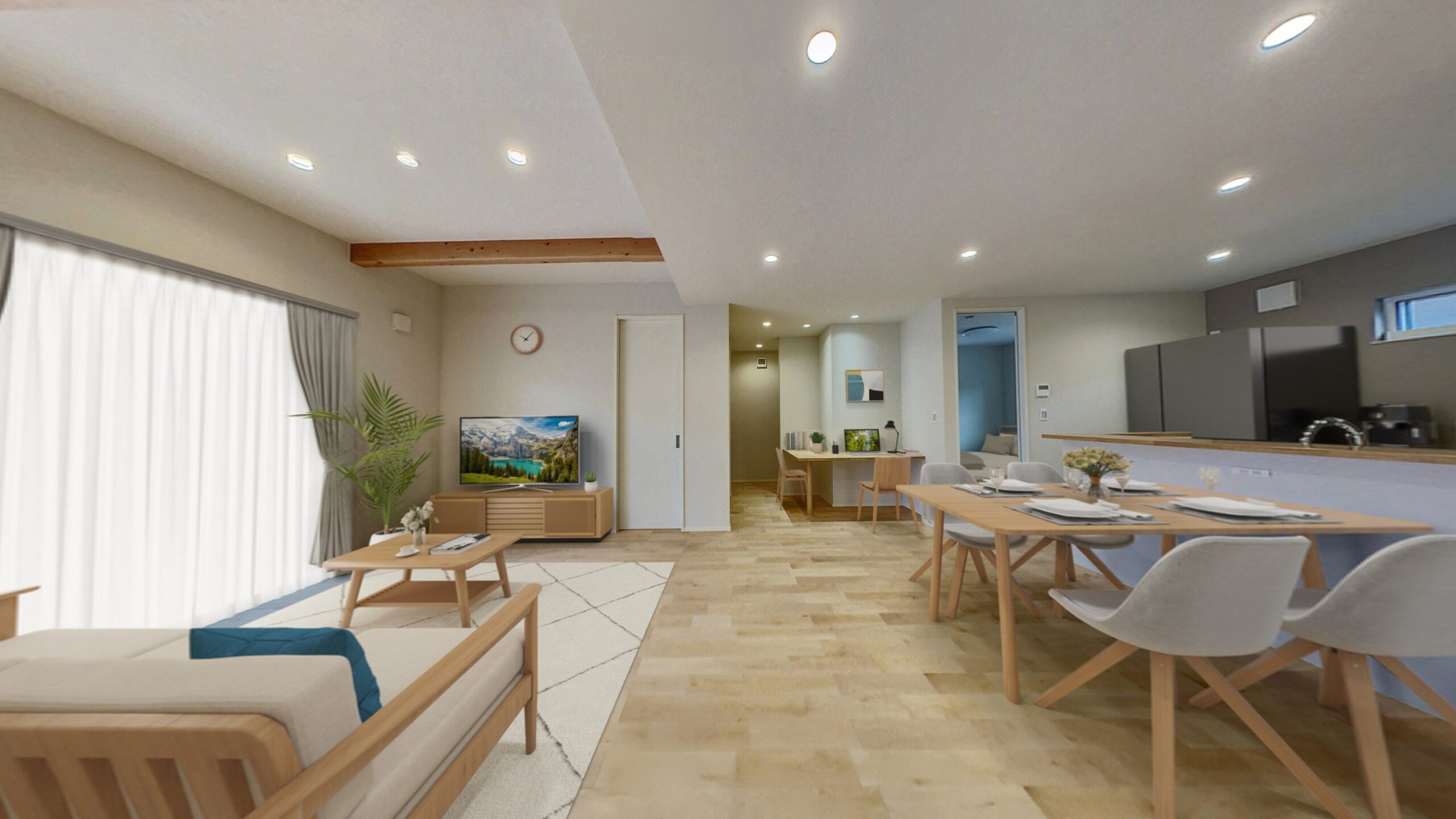 折り上げ天井と化粧梁を取り入れた平屋のLDK